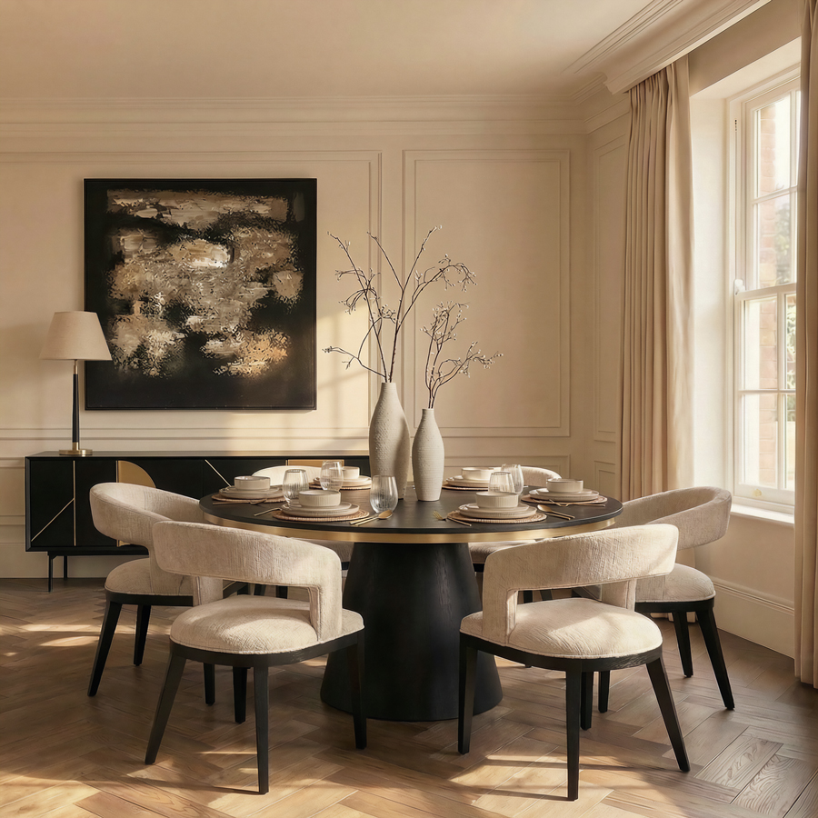 Brewster 6-8 Seat Black Dining Table and 6 Madison Dining Chairs