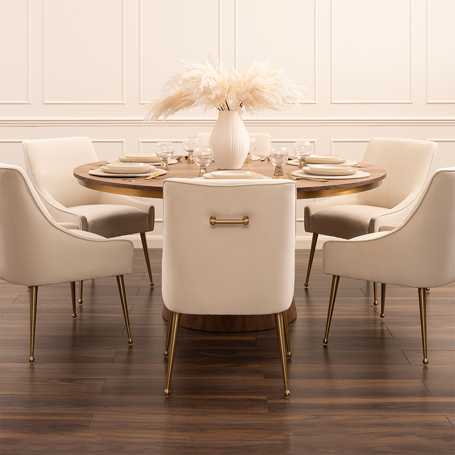 Brewster 6-8 Seat Walnut Dining Table and 6 Mason Chalk Chairs