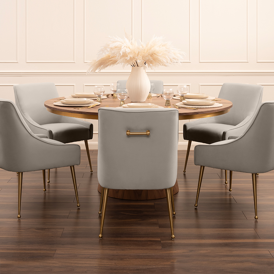 Image of Brewster 6-8 Seat Walnut Dining Table and Six Mason Dove Grey Chairs