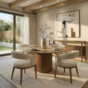 Ophelia Chestnut Circular Dining Table and 4 Madison Light Taupe Dining Chairs