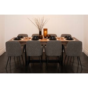 Set of Finley Walnut Dining Table and Eight Watson Grey Faux Leather Carver Chairs