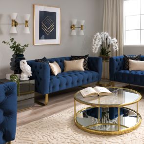Grosvenor Two Seat Sofa - Navy Blue - Brushed Brass