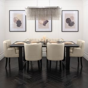 Set of Rocco Black Dining Table and Six Hatfield Limestone Chairs