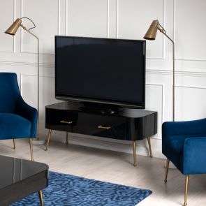 Mason Black Glass TV Media Unit – Brushed Gold Legs