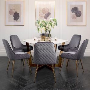 Kronos Brass Dining Table and Six Watson Storm Grey chairs 