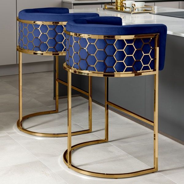 Alveare Tabouret de comptoir, base laiton - Bleu roi-view2