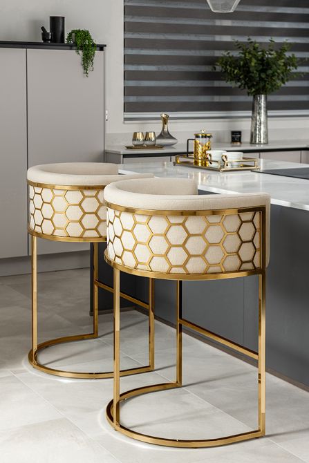 Alveare Tabouret de comptoir, base laiton - Taupe Clair Chenille-view3