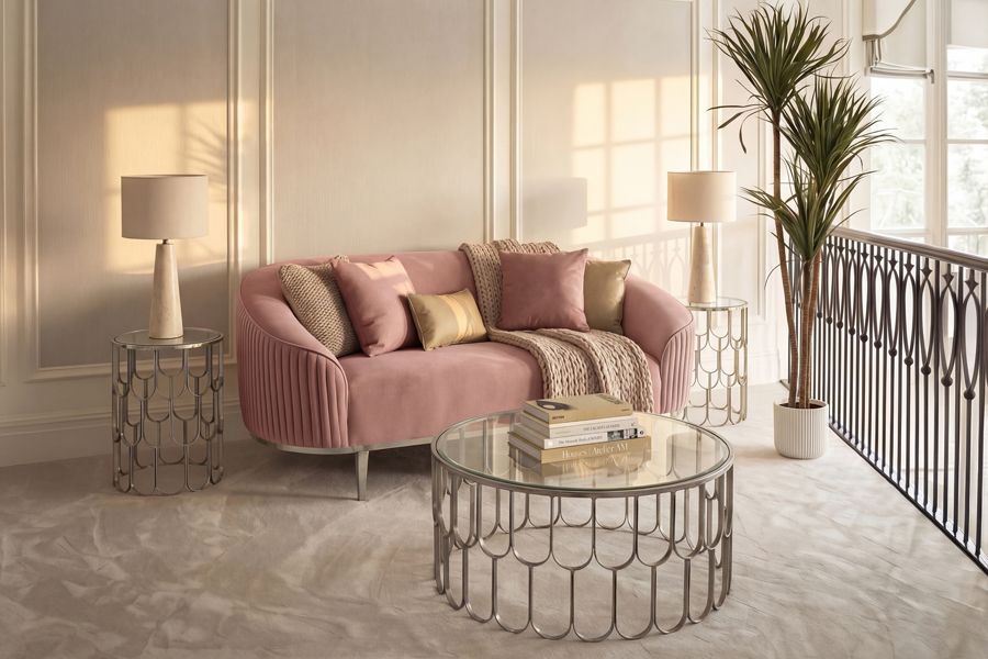 Ella 2-Zitsbank Blush Roze met Onderstel van Gepolijst Chroom-view3