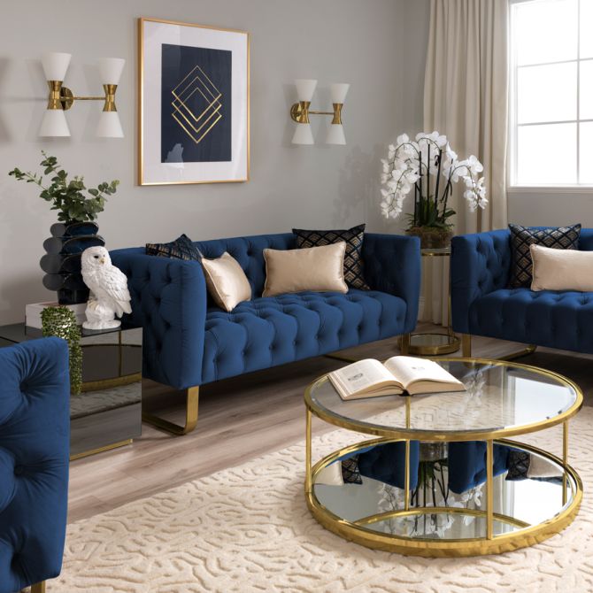 Grosvenor Two Seat Sofa - Navy Blue - Brushed Brass - Image #0