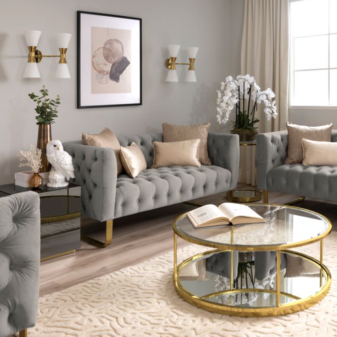 Grosvenor Two Seat Sofa - Dove Grey - Brushed Brass - Image #0