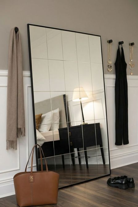 Ludlow Large Industrial Windowpane Leaner Mirror - Matt Black-view2