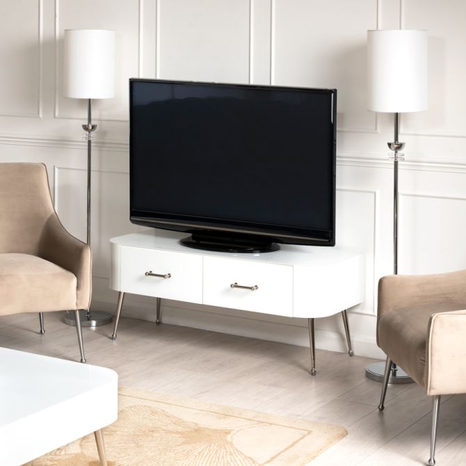 Meuble TV en verre blanc Mason - Pieds en argent brillant - Image #0