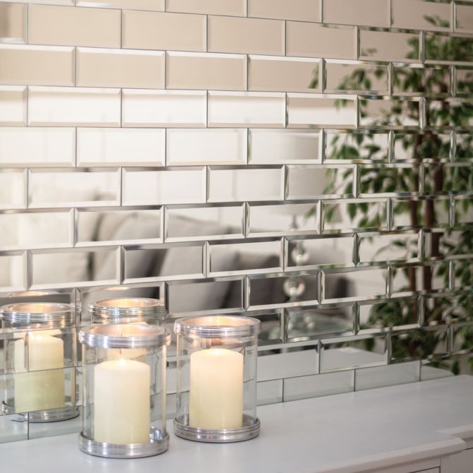 200x75 Bevelled Mirror Tiles Silver, Mirrored Wall Tiles Bathroom