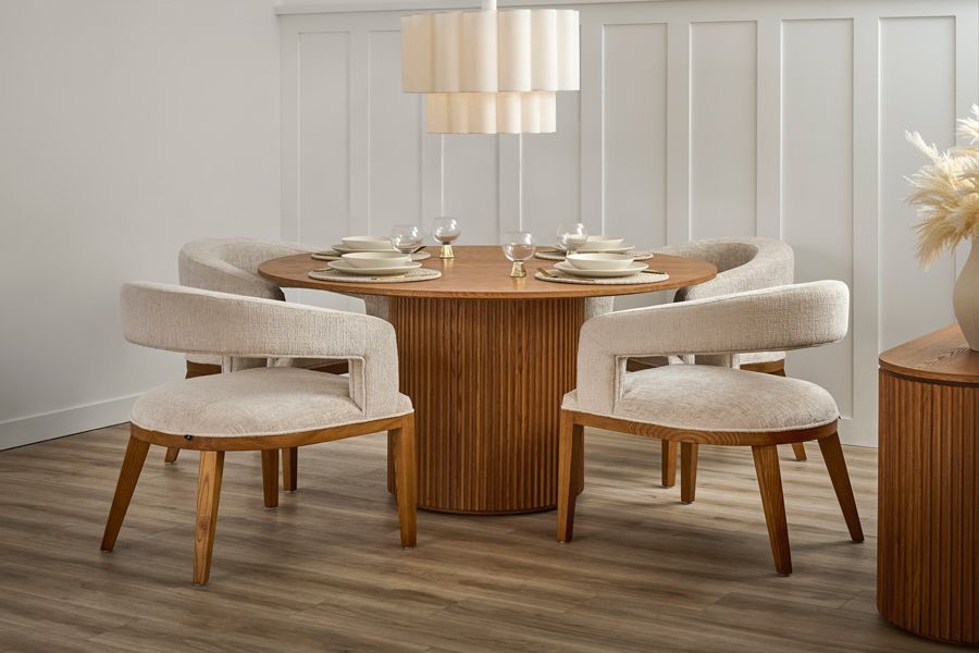 Ophelia Chestnut Circular Dining Table and 4 Madison Light Taupe Dining ...