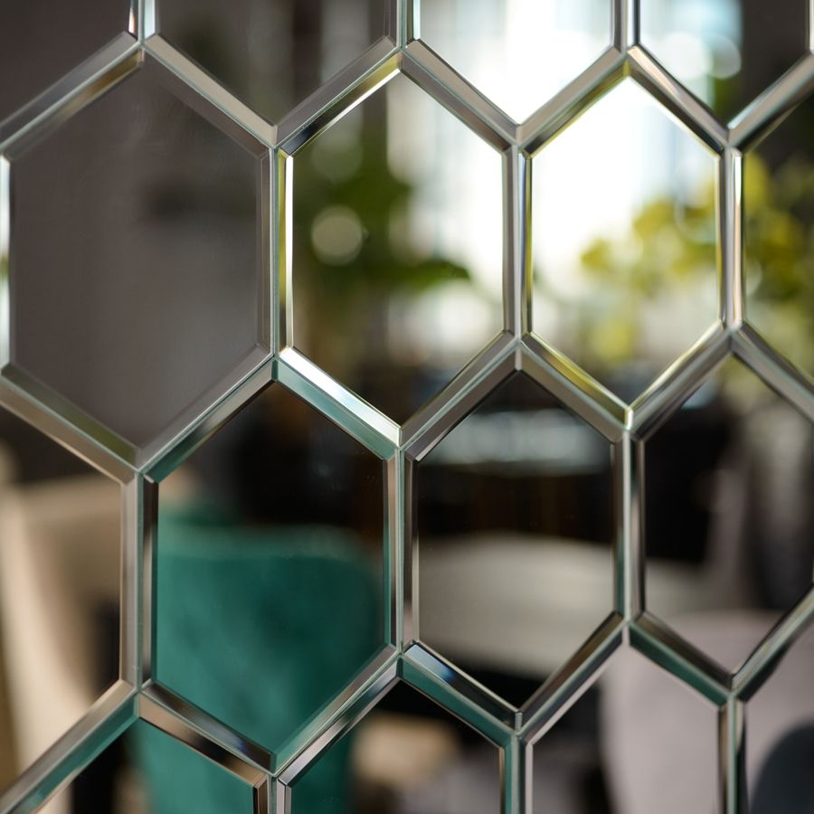 Hexagonal bevelled mirror tiles Silver mirrored hexagonal bevelled