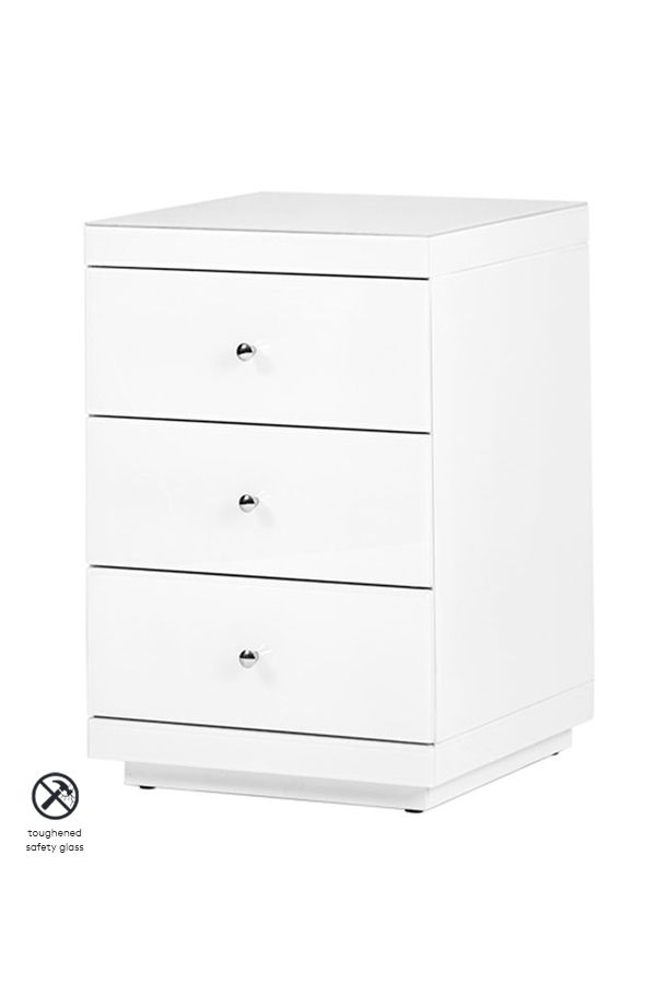 Pimlico 3 drawer white glass bedside with crystal handles my furniture