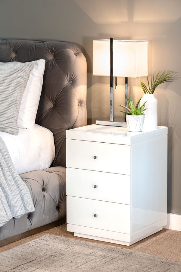 Pimlico 3 drawer white glass bedside with crystal handles my furniture