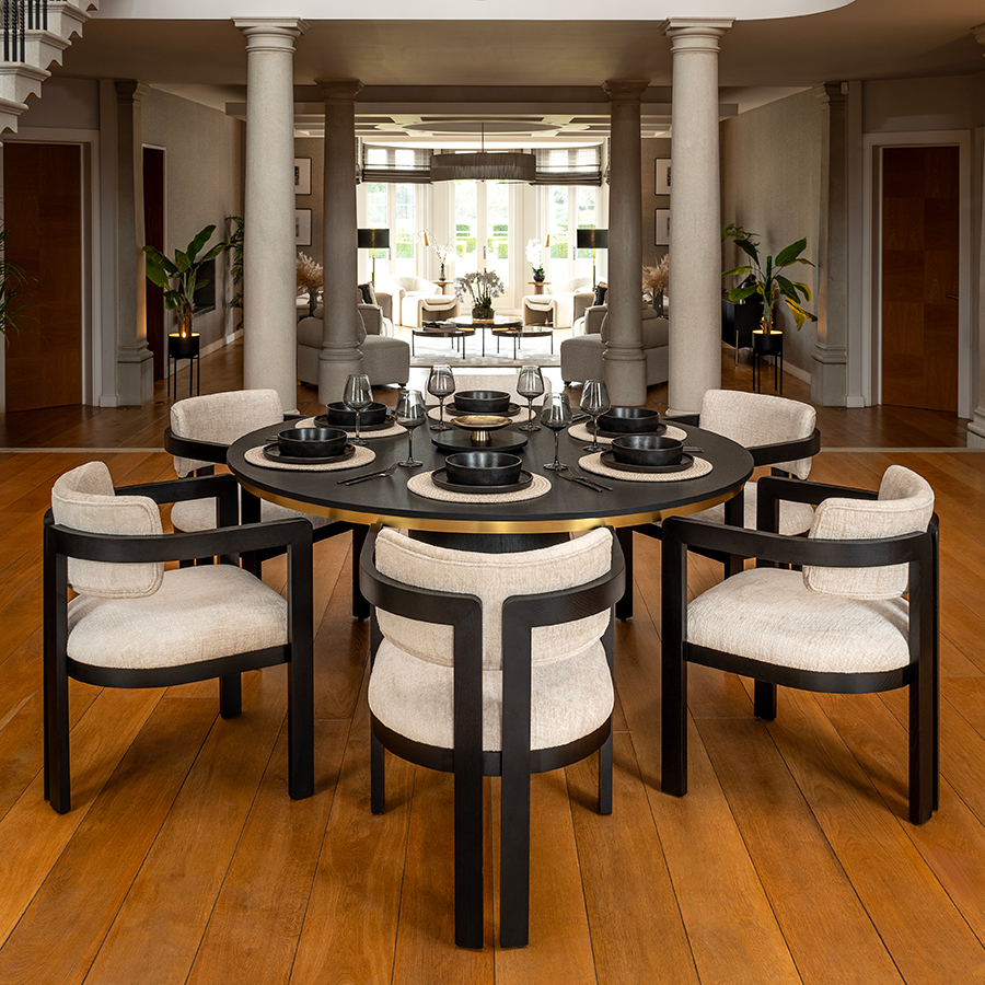 Brewster 6-8 Seat Black Dining Table and 6 Jolie Dining Chairs