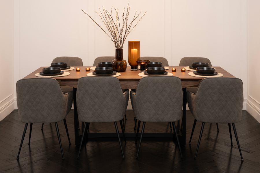 Image of Set of Finley Walnut Dining Table and Eight Watson Grey Faux Leather Carver Chairs