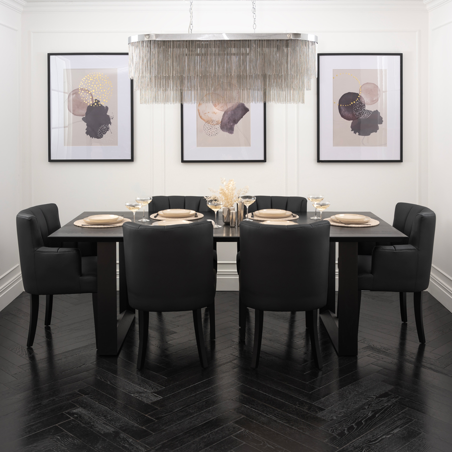 Rocco Black Dining Table and 6 Hatfield Black Faux Leather Chairs