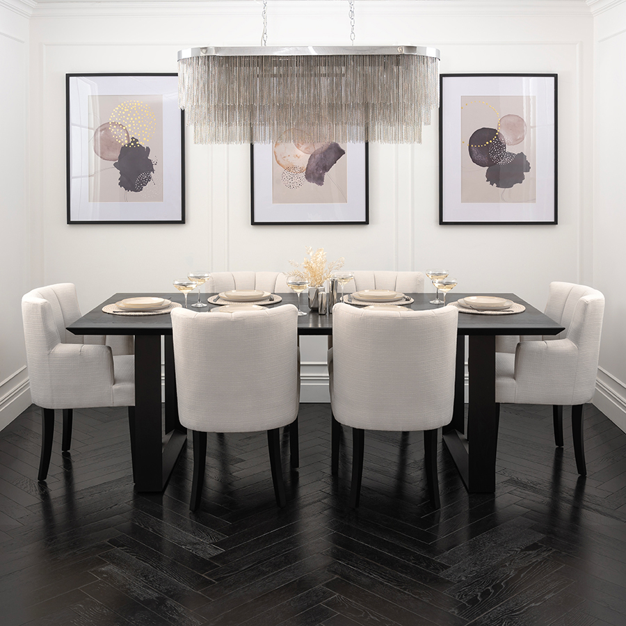 Rocco Black Dining Table and 6 Hatfield Calico Chairs