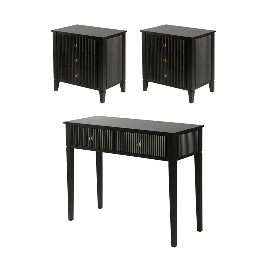 Set of 2 Heidi bedside tables and dressing console - Black-Brass/Silver