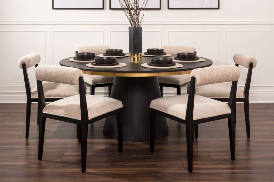 Image of Brewster 6-8 Seat Black Dining Table and Six Hera Dining Chairs