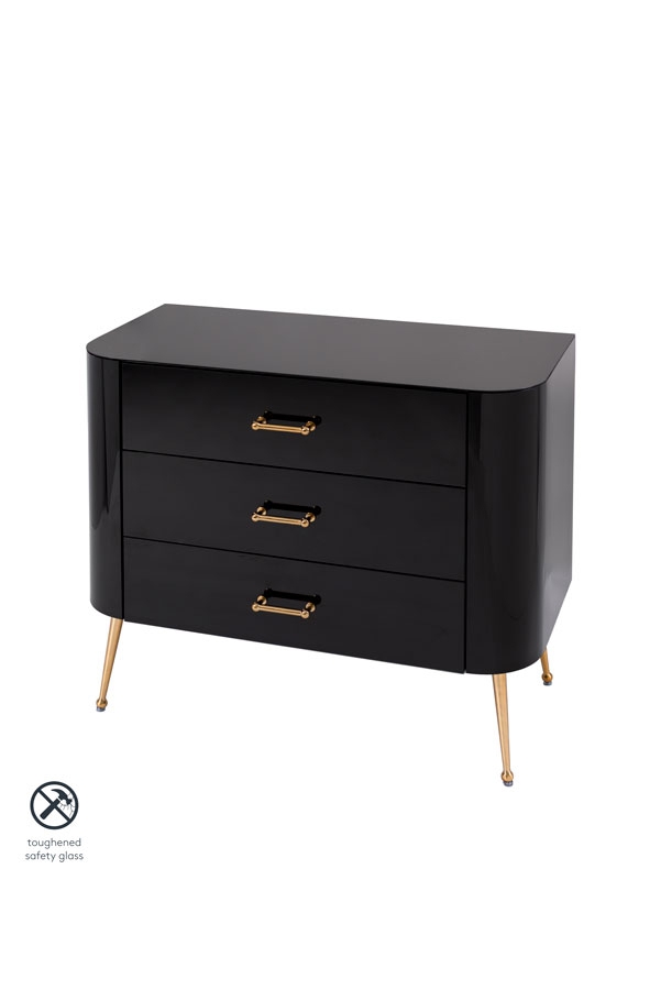 Image of Mason Black Glass Chest of Drawers ??? Brushed Gold Legs