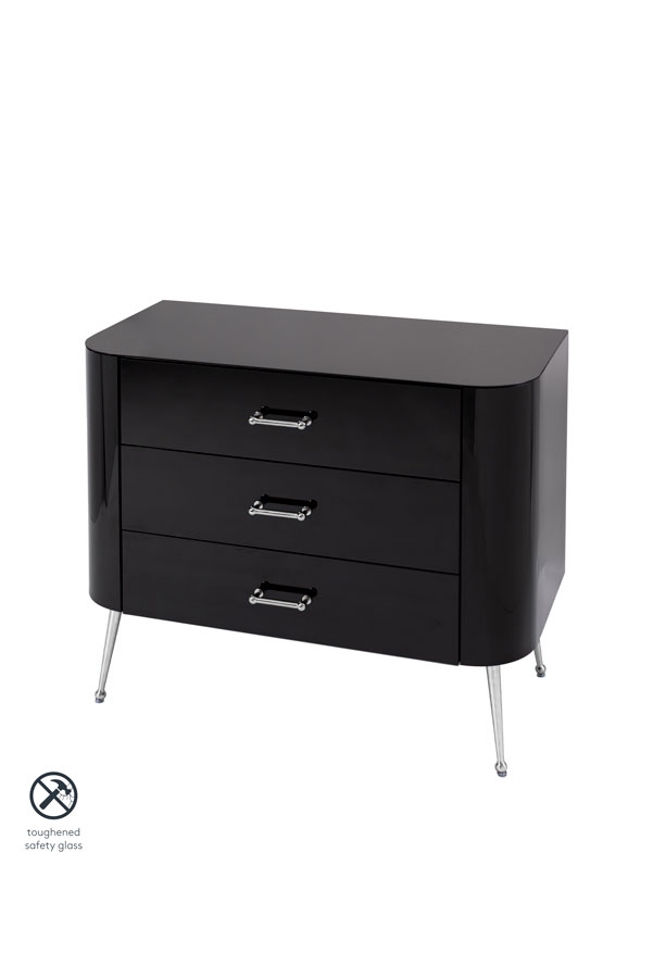 Image of Mason Black Glass Chest of Drawers ??? Shiny Silver Legs