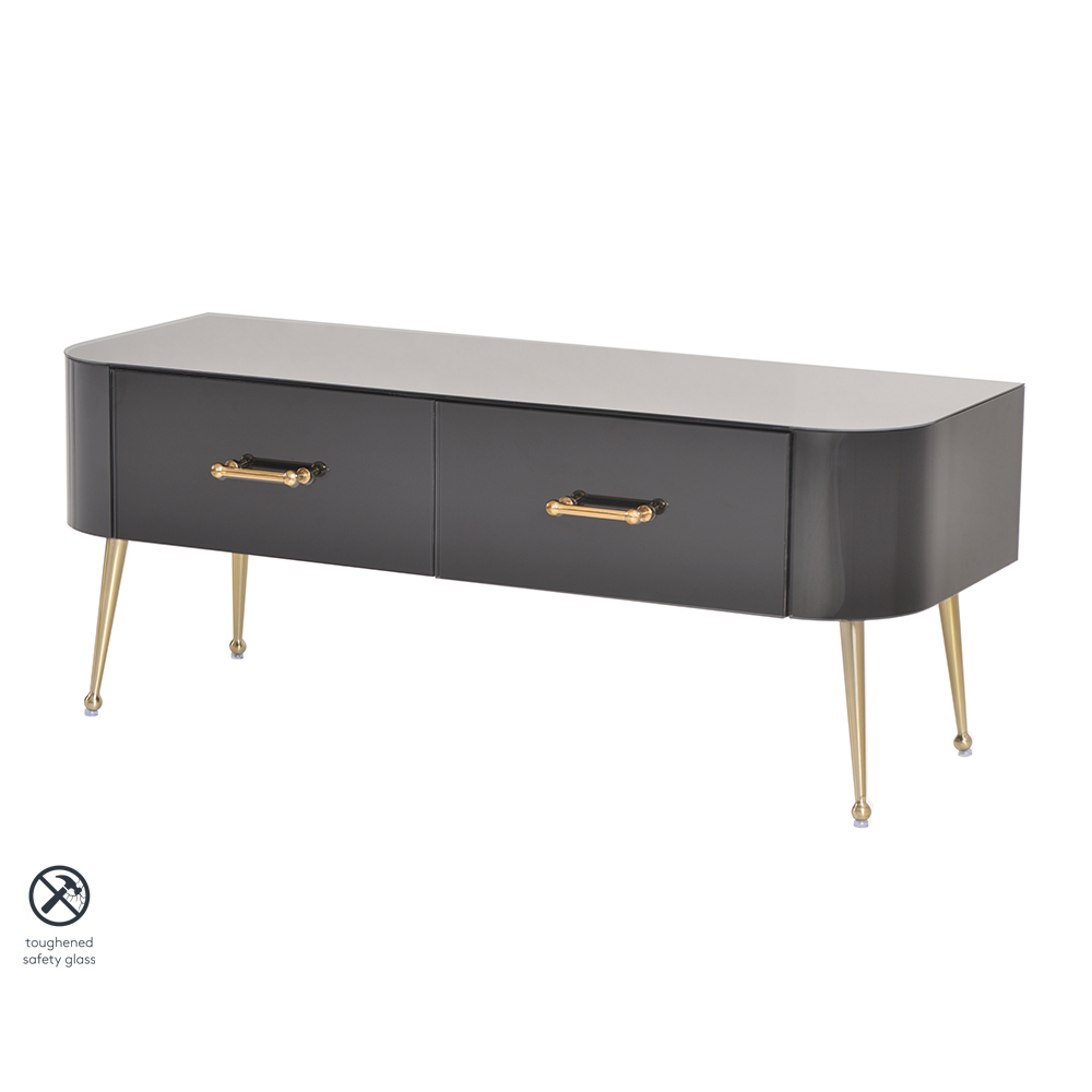 Image of Mason Black Glass TV Media Unit ??? Brushed Gold Legs