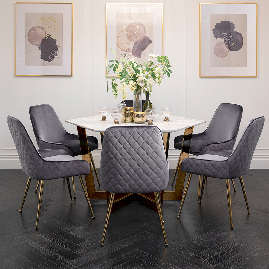 Image of Kronos Brass Dining Table and Six Watson Storm Grey chairs